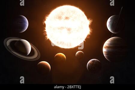 Solaranlage. Alle Planeten vor der Sonne Stockfoto