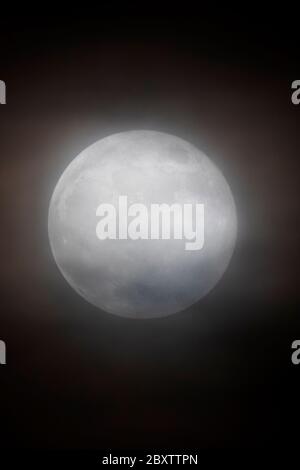 Vollmond mit Erdbeere durch Wolken über den Rocky Mountains, Salida, Colorado, USA Stockfoto