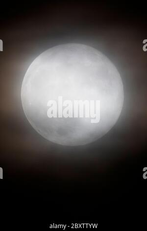 Vollmond mit Erdbeere durch Wolken über den Rocky Mountains, Salida, Colorado, USA Stockfoto