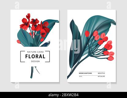 Blumen zärtliche Karte, botanischen Frühling florale Illustration, natürliche Gruß Ornament, rote Wildblumen, grüne Blätter Hintergrund, Urlaub Design in ve Stock Vektor