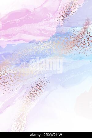 Hologramm zarte rosa violette Tinte, Wassercolro Wirbel, Alkohol Tinte dynamische Form mit goldenem Glitter. Hintergrund in Pastellfarben. Stock Vektor