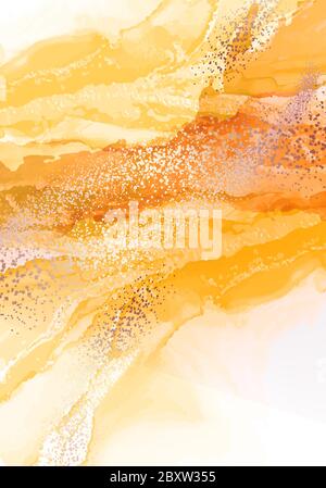 Alkohol Tusche Zeichnung technik, orientalisches Wassersplash Dekor. Fine Art Aquarell Fluidtinte in gelber Farbe, Marmor 2020 Vektor mit goldener Farbe. Stock Vektor