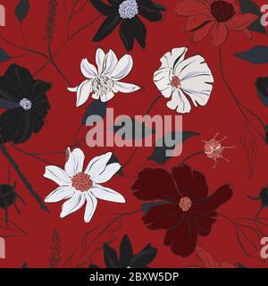 Rote Blumenblüte Vektor, handgezeichnete schöne Illustration Muster mit Dschungel Blätter und Skizze Florale. Naturdesign. Stock Vektor