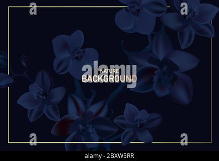 Marine Orchidee Blumen Hochzeit Einladung Karte Vorlage Design, Kontrast dunkle Blumen auf dunkelblauem Hintergrund, moderne Vintage-Stil Banner. Realistische vec Stock Vektor