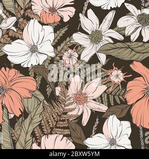 Grünwald Blumen Blüte Vektor, handgezeichnete schöne Illustration Muster mit nahtlosen Druck. Graubraune Blätter und Skizzenblüten. Natur desig Stock Vektor