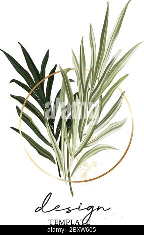 Hand gezeichnet doppelte Palmenblätter Tropisches dunkelgrünes Design mit goldenen Kreis Rahmenelemente, Branding, Einladungskarte Vorlage Design in Vektor, Stock Vektor