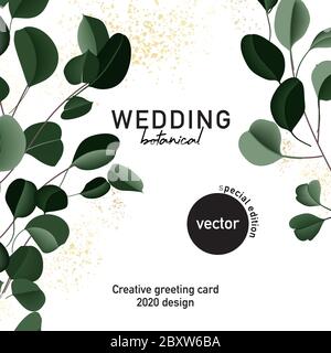 Eukalyptus floral Hochzeitskarte, handgezeichnete Vektor-Konzept mit goldenen Funkeln. Realistische Grüne Blätter Vorlage, Laub Grafiken, Bouquet Grün de Stock Vektor