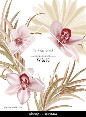 Orchidee Hochzeit Einladung, floral laden grüne Pampas Gras, tropische Palmblatt, rosa Blume Blüte dekorative Weihnachtskarte. Realistischer Vektor elegant Stock Vektor