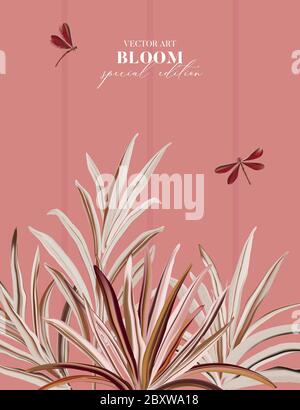 Laub Palmblatt, beigefarbene Pflanzenblätter, klein dragofly auf staubrosa Hintergrund. Moderne Frühling Sommer realistische florale Banner in Vektor. Regenwald t Stock Vektor