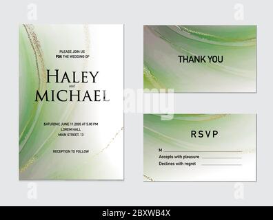 Vector zartes Grün mit flüssiger Strömung und goldenen Marmorstrichen, perfekte Dekoration für Hochzeitseinladung, rsvp-Karte, Brautkonzept, neigen Stock Vektor