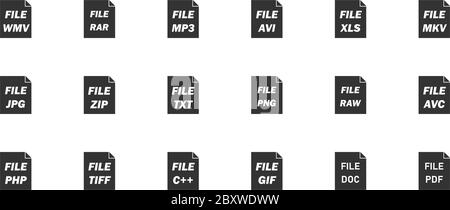 Dateierweiterungen. Schwarzes Symbol flach auf weißem Hintergrund Stock Vektor