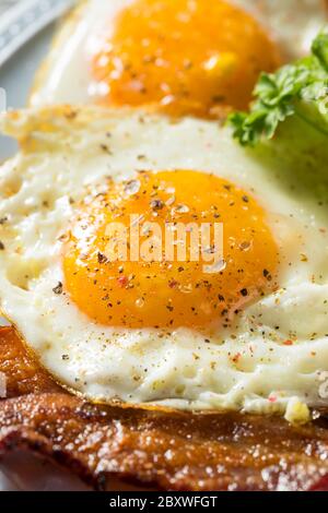 Hausgemachte Sunnyside Eier Frühstück mit Toast und Speck Stockfoto