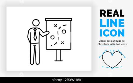 Editierbare Linie Symbol einer Strichfigur Geschäftsmann mit einem Strategieplan Stock Vektor