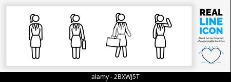 Editierbare reale Linie Symbol-Satz des ganzen Körpers eines Strichmännchen Geschäftsfrau Stock Vektor