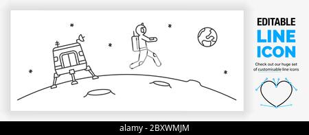 Editierbare Linie Symbol der Weltraumforschung mit einem Raumshuttle auf dem Mond Stock Vektor