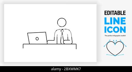 Bearbeitbares Liniensymbol einer Strichfigur Person auf einem Computer, der an seinem Schreibtisch sitzt Stock Vektor