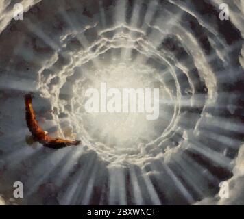 Surrealismus. Adler fliegt zum Licht im Tunnel der Wolken. Freiheit Stockfoto