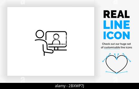 Editierbare reale Linie Symbol der Stick Figur Menschen arbeiten von zu Hause auf ihrem Computer Stock Vektor