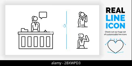 Editierbares reales Liniensymbol einer stehenden Stabfigur an der Rezeption Stock Vektor
