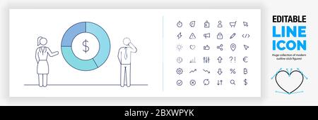 Editierbare Liniendarstellung von zwei Gliederungsstäbchen Figur Menschen stehen neben einem großen blauen und grünen Tortendiagramm Stock Vektor