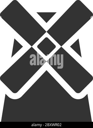Mühle, Windmühle. Schwarzes Symbol flach auf weißem Hintergrund Stock Vektor