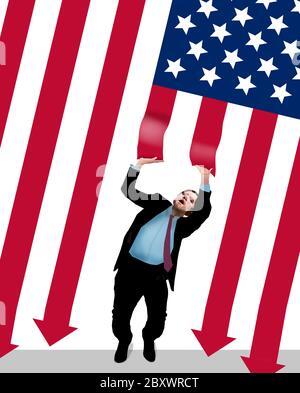 Ein Mann kämpft, um rote Streifen von einer US-Flagge in dieser Illustration über den Wandel in Amerika fallen zu stoppen. Stockfoto