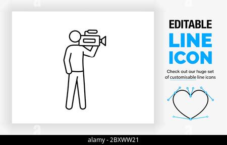 Bearbeitbares Liniensymbol eines Kameramanns mit Strichmännchen in Vollkörperansicht mit einem Videorecorder Stock Vektor