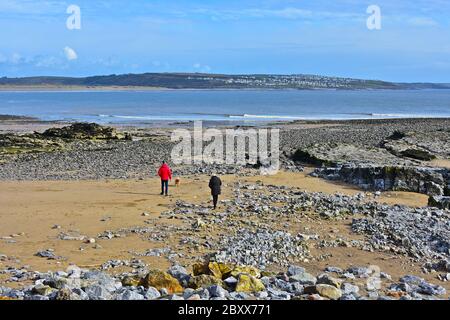 Ein Paar mit ihrem Hund genießt es, bei Ebbe auf dem Sand- und Felsstrand von Newton in der Nähe von Porthcawl zu wandern. Ogmore-by-Sea ist in der Ferne. Stockfoto