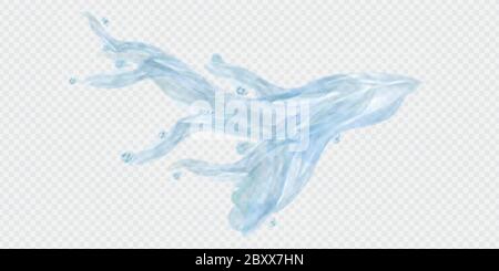 Realistische Vektor transparent Strom von Wasser mit Spritzern und Tropfen von Blau. Blank für Werbung Mineralwasser Soda Waschpulver. Stock Vektor