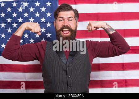Glücklicher bärtiger Mann. Unabhängigkeitstag Feiertag. usa feiern 4. juli. englisch lernen. Patriotischen Feiertag der Unabhängigkeit Tag. Folgen sie amerikanischen Traditionen. Gewidmet sein Mutterland. Stockfoto