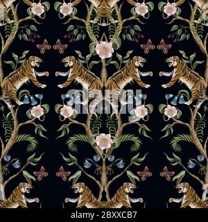 Nahtloses Muster mit Pfingstrosen und Tigern im Chinoiserie-Stil. Vektor. Stock Vektor