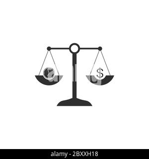 Zeit ist Geld. Geschäftskonzept. Skalensymbol mit Uhr und Dollarsymbol. Stock Vektor Illustration isoliert auf weißem Hintergrund. Stock Vektor
