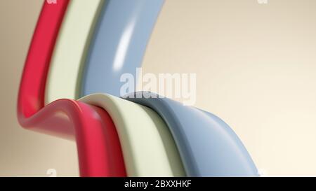Blau, weiß und rot glänzende Kurven auf elfenbeinfarbenem Hintergrund. Abstraktes 3D-Design. Stockfoto
