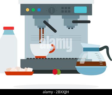 Kaffeemaschine macht Kaffee, Kaffeekanne und Zuckerwürfel Vektor flach isoliert Stock Vektor