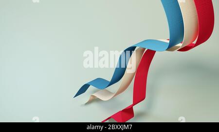 Blaue, weiße und rote gewellte Bänder auf hellblauem Hintergrund. Abstraktes 3D-Design. Stockfoto