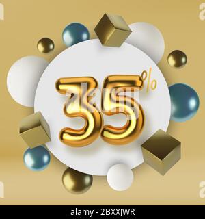 35 Rabatt Promotion Verkauf aus 3d Gold Text. Anzahl in Form von goldenen Ballons.realistische Kugeln und Würfel. Abstrakter Hintergrund von Stock Vektor