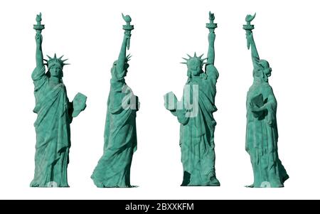 Freiheitsstatue. 4 Ansichten. Auf weißem Hintergrund isolieren. 3D-Rendering Stockfoto