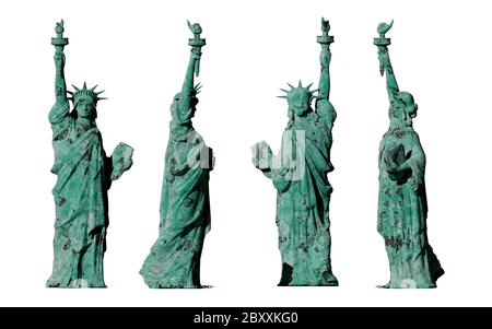 Apokalyptische alte Statue der Freiheit. 4 Ansichten. Auf weißem Hintergrund isolieren. 3D-Rendering Stockfoto