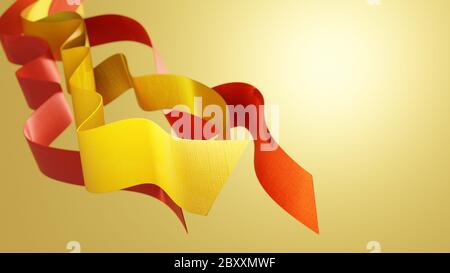Energiegeladener, dynamischer Designhintergrund. Gelbe, orange und rote Bänder winken über beigefarbenem Hintergrund. Abstraktes 3D-Rendern. Stockfoto