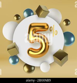 5 Rabatt Promotion Verkauf aus 3d Gold Text. Anzahl in Form von goldenen Ballons.realistische Kugeln und Würfel. Abstrakter Hintergrund von Stock Vektor