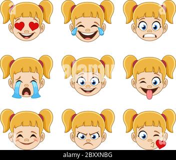 Emoji Gesichtsausdrücke Sammlung eines jungen blonden Mädchen mit Pferdeschwänzen und blauen Augen Stock Vektor