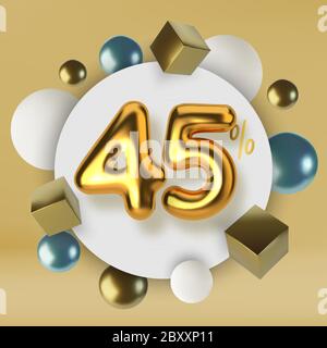 45 Rabatt Promotion Verkauf aus 3d Gold Text. Anzahl in Form von goldenen Ballons.realistische Kugeln und Würfel. Abstrakter Hintergrund von Stock Vektor