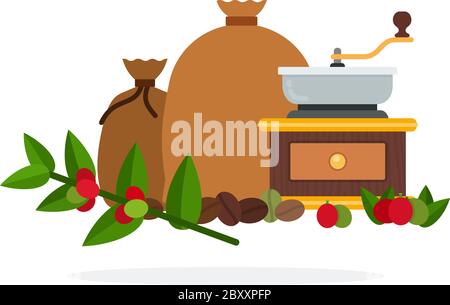 Manuelle Kaffeemühle mit Taschen von Kaffee und Kaffee Zweig Vektor flach isoliert Stock Vektor