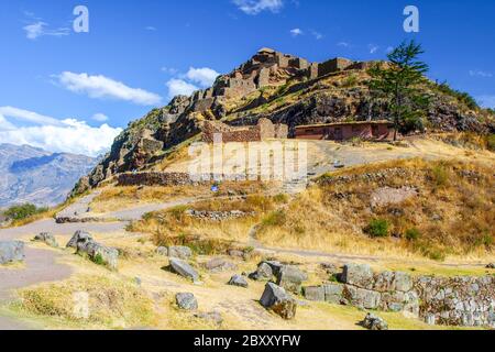 Pisac - Ruinen der Zitadelle von Inka im Heiligen Tal von Urubamba, Peru. Stockfoto