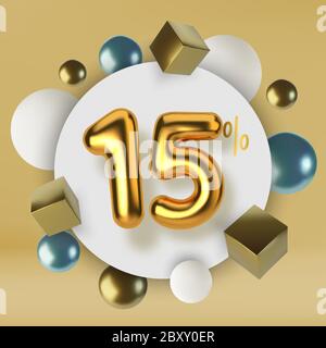 15 Rabatt Promotion Verkauf aus 3d Gold Text. Anzahl in Form von goldenen Ballons.realistische Kugeln und Würfel. Abstrakter Hintergrund von Stock Vektor