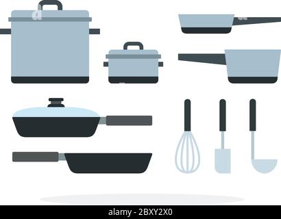 Kochtöpfe und Kochtopf mit einem Schneebesen und Schöpfkelle Vektor flach isoliert Stock Vektor
