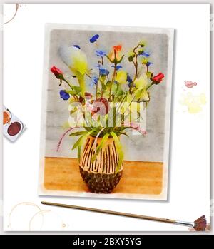 Ein digitales Bild, das wie ein Aquarell aussieht, ist auf einem Tisch mit Aquarellfarben und einem Fächerpinsel zu sehen. Stockfoto