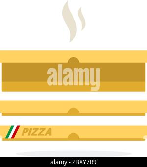 Geschlossene und offene Pizzabox mit Heißdampf-Vektor flach isoliert Stock Vektor