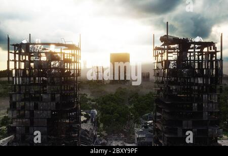 Apokalypse Stadt im Nebel. Luftaufnahme der zerstörten Stadt. Apokalypse-Konzept. 3d-Rendering. Stockfoto