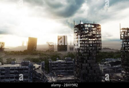 Apokalypse Stadt im Nebel. Luftaufnahme der zerstörten Stadt. Apokalypse-Konzept. 3d-Rendering. Stockfoto